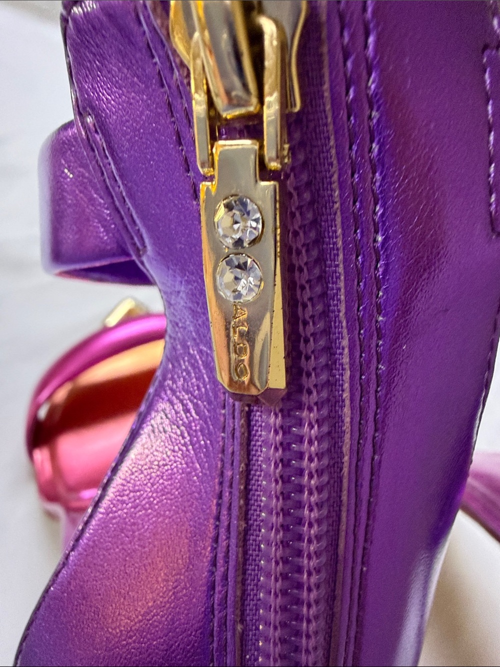 Aldo Metallic Purple and Pink Ankle-Strap Stilettos with Gold Pointed Toe Cap - Picture 7 of 10